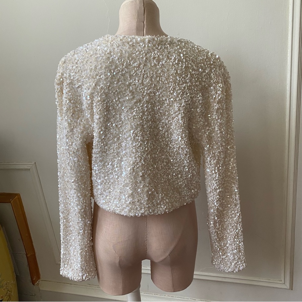 H&M Ivory Sequin Cropped Jacket with Black Bow Ties - Picture 5 of 10